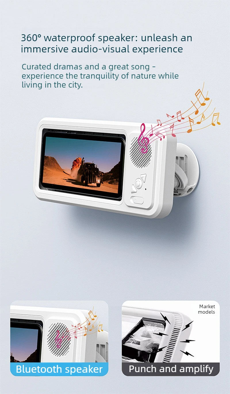 A white waterproof speaker device is shown mounted on a wall, with diagrams illustrating its Bluetooth speaker and punch and 