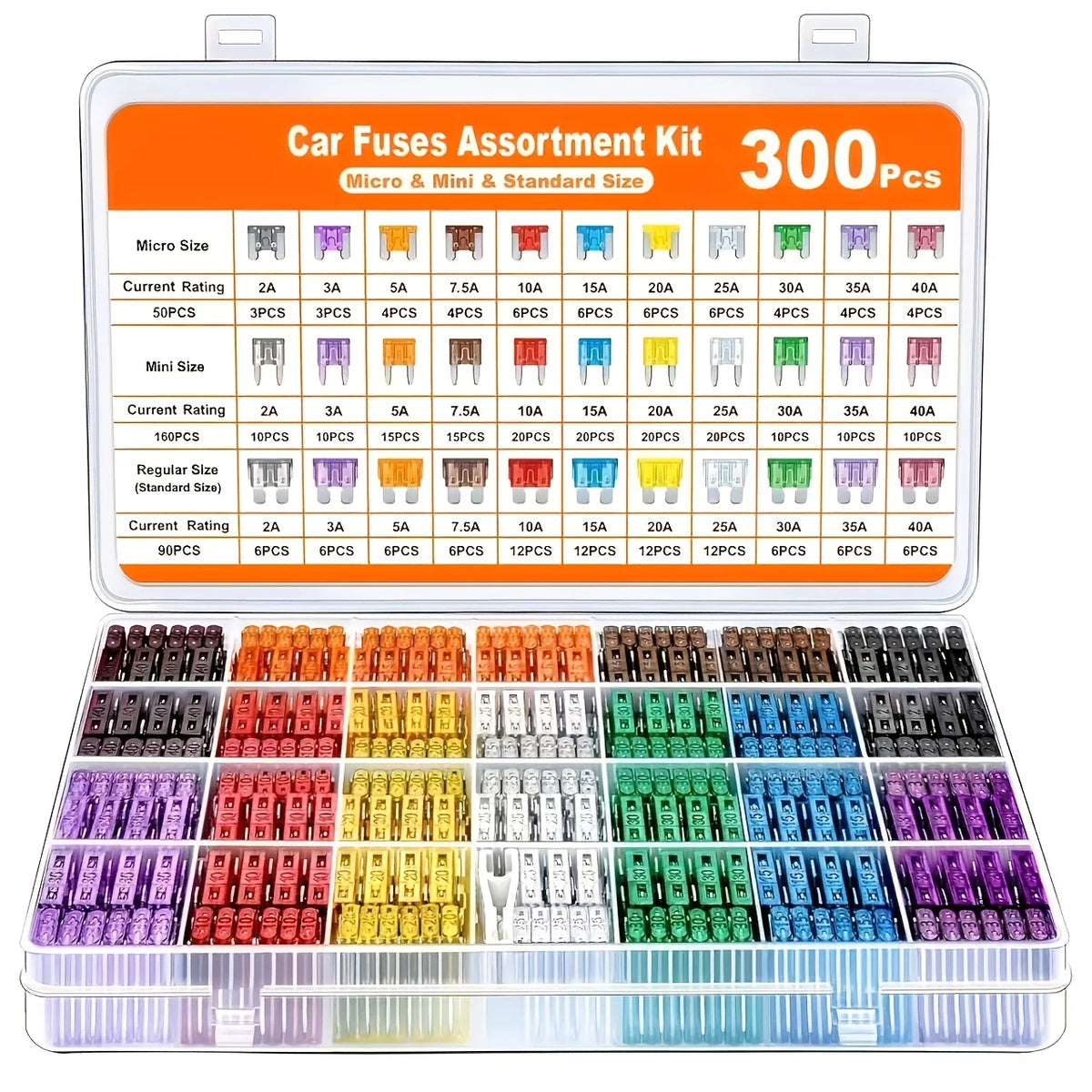 Juego variado de fusibles de coche en tamaños micro, mini y estándar con diferentes amperajes y colores.