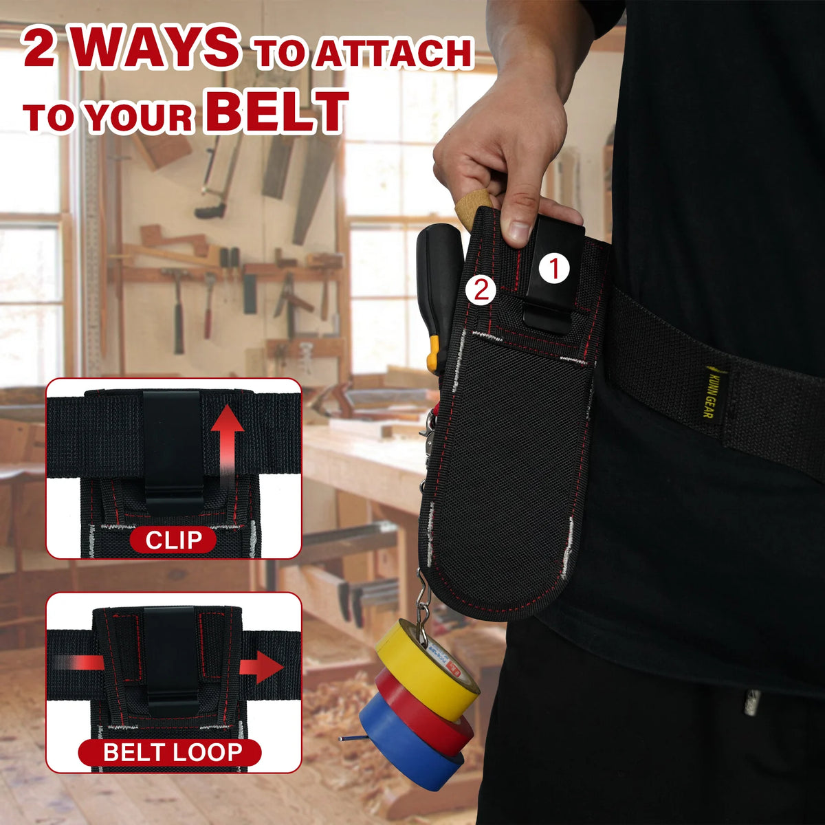 Two ways to attach a heavy-duty tool pouch to a belt using a clip or belt loop.