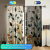 A set of two abstract leaf print sheer curtains in muted green and brown tones shown hanging on a rod.