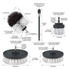 A set of drill brush cleaning tools including a brush, shaft, and various sized bristles for cleaning tiles and surfaces.