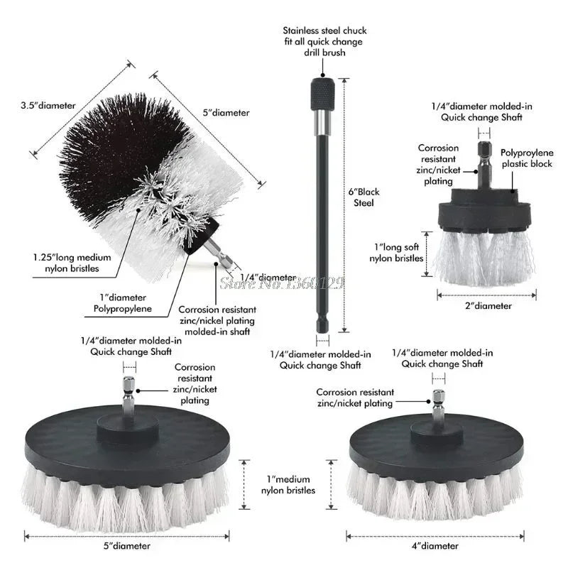 A set of drill brush cleaning tools including a brush, shaft, and various sized bristles for cleaning tiles and surfaces.