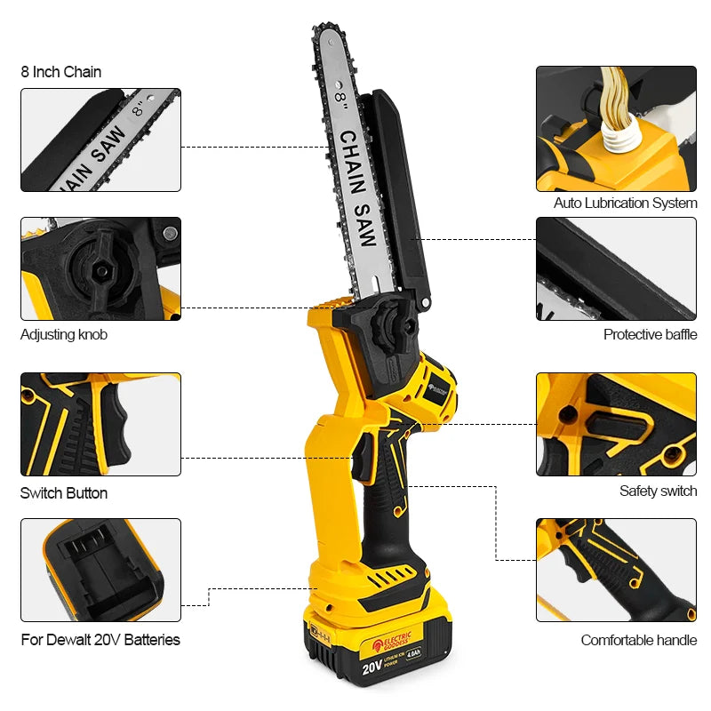 A yellow cordless chainsaw with an 8 inch chain, featuring an adjusting knob, switch button, and battery compartment.