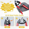 A pair of CV-R steel cable cutters in red and black are shown with a protective glove, demonstrating the lock and unlock mech