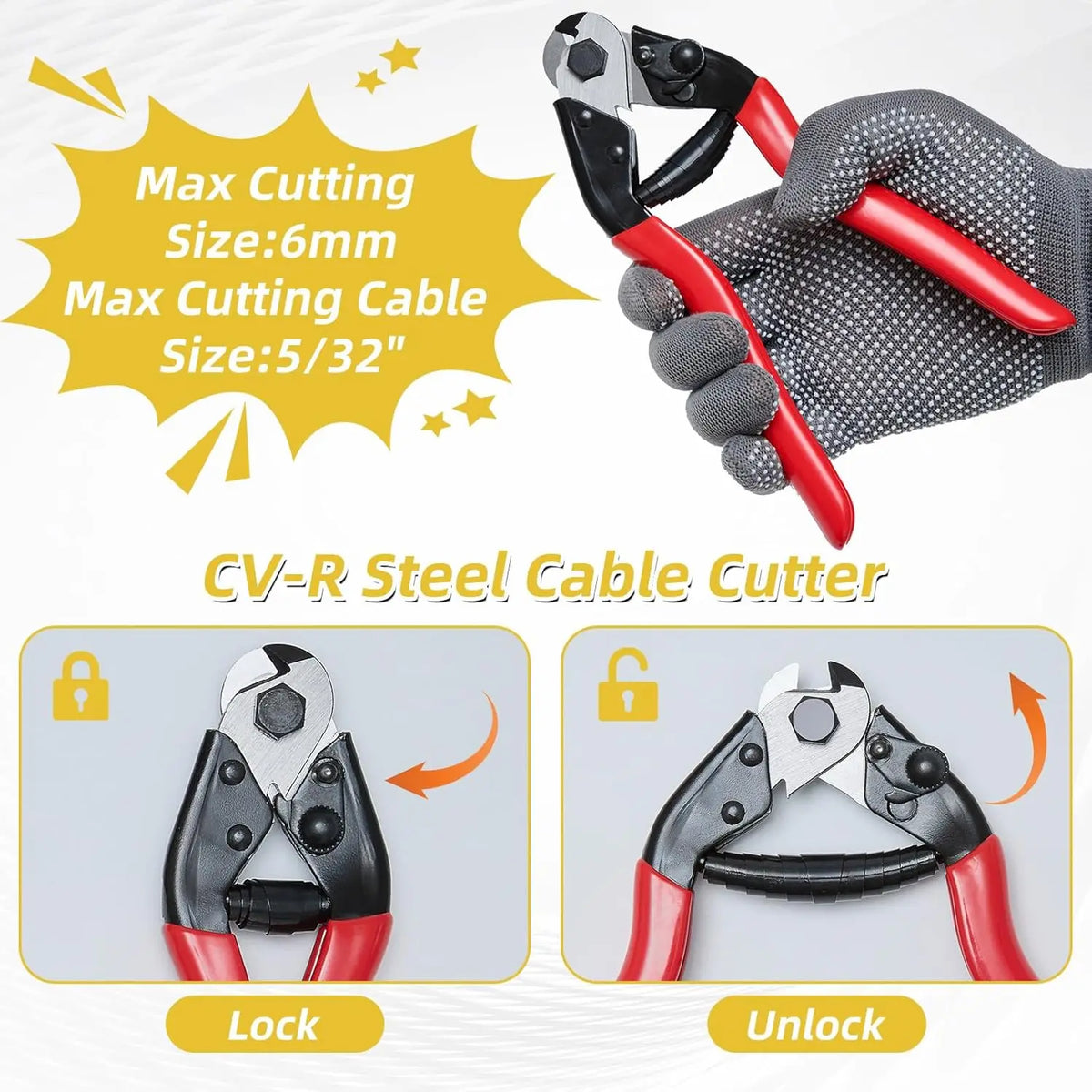 A pair of CV-R steel cable cutters in red and black are shown with a protective glove, demonstrating the lock and unlock mech