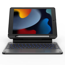 A black magnetic Bluetooth keyboard case with a trackpad for an iPad is shown on a white background.