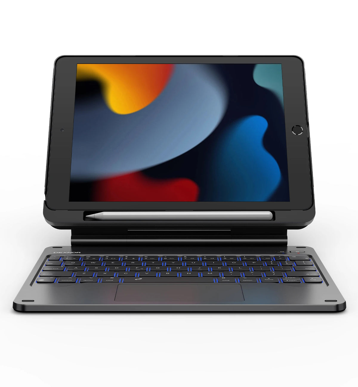 A black magnetic Bluetooth keyboard case with a trackpad for an iPad is shown on a white background.