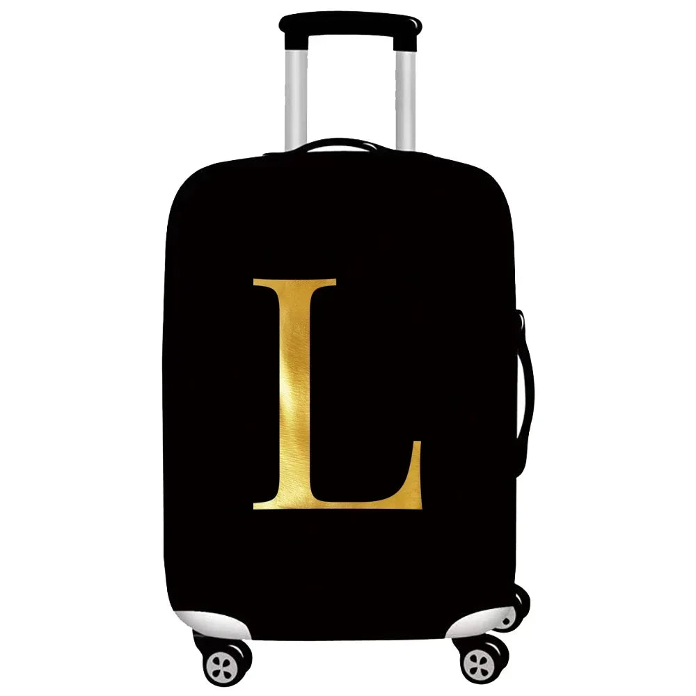 Black rolling suitcase with a gold letter L print on the side.