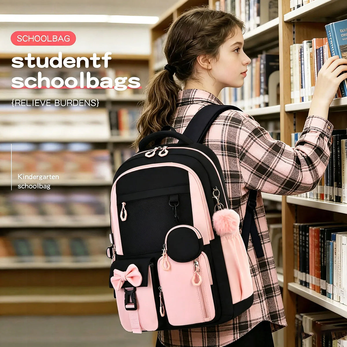 A young girl is shown carrying a pink and black schoolbag with a laptop compartment in a bookstore setting.