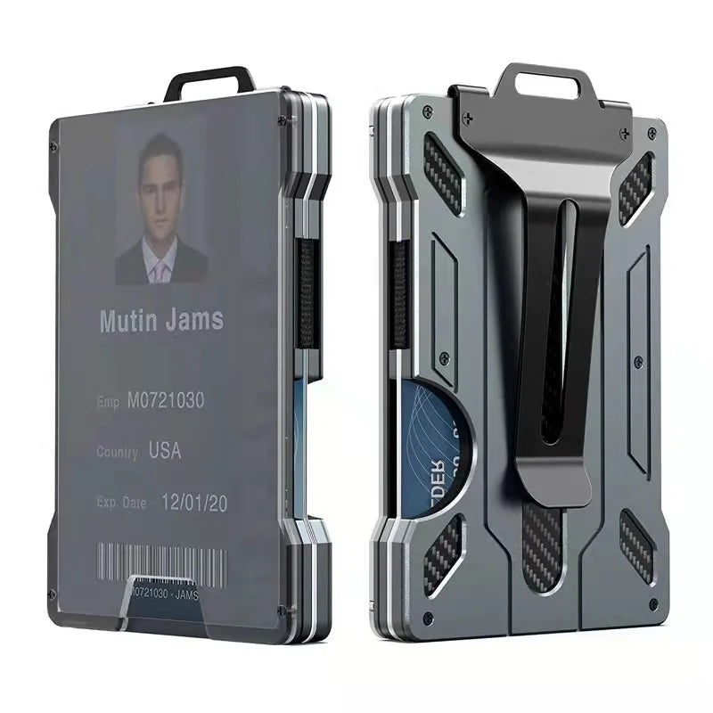 A dark gray slim aluminum money clip wallet with a black sleeve and silver accents.