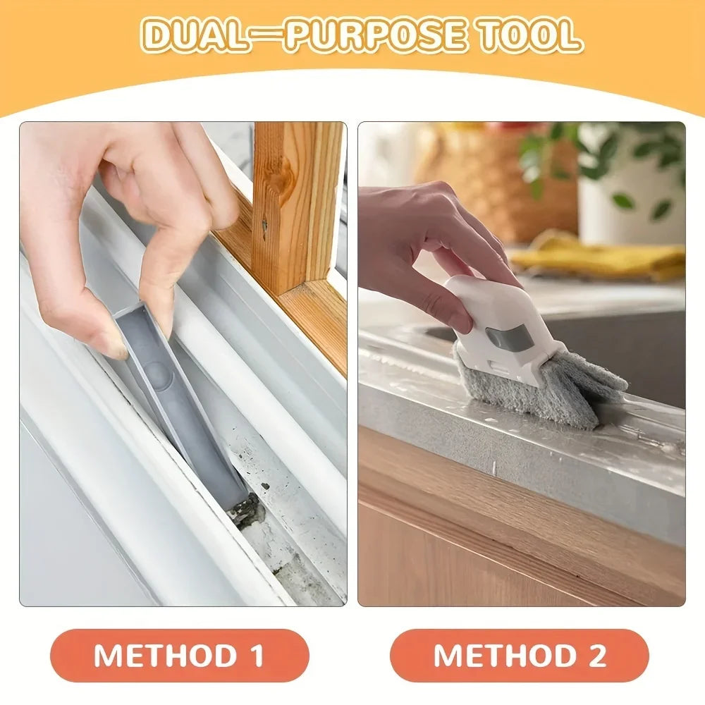 A dual-purpose tool showing two methods for cleaning window tracks and tight spaces using a brush.
