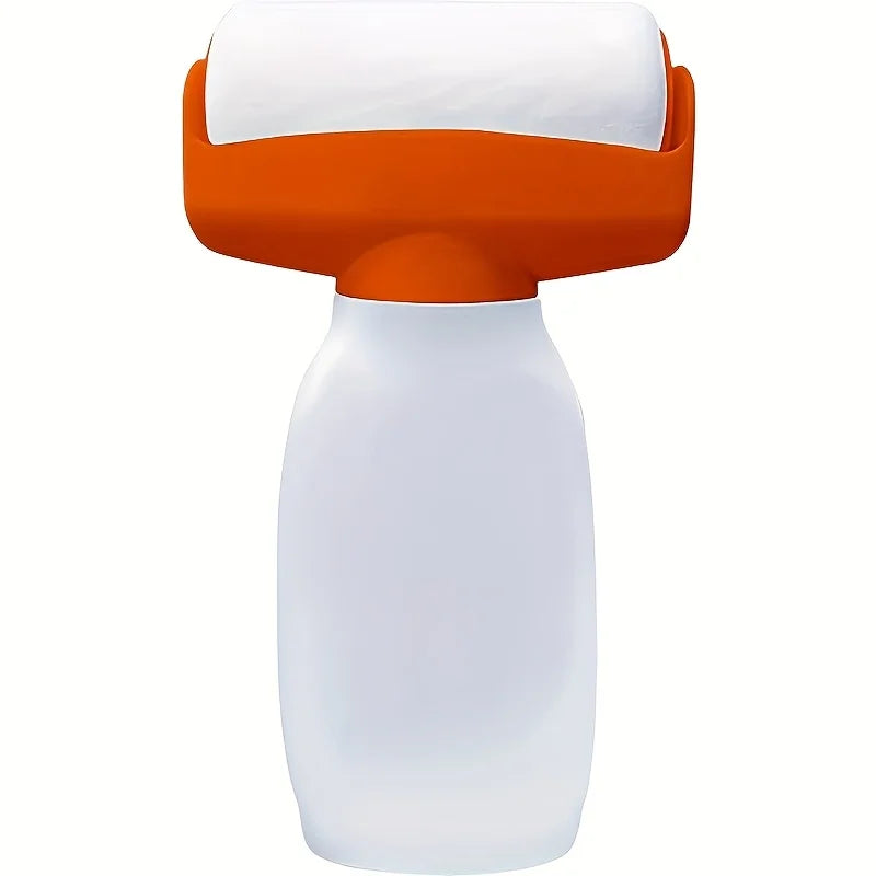 An orange and white compact paint roller brush with a built-in reservoir.