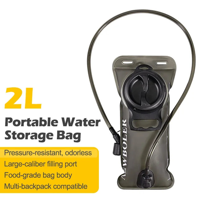 A portable water storage bag with a hose and filling port shown against a white background.