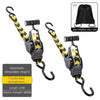 Black and yellow heavy duty retractable ratchet tie-down straps with T-handles for securing loads