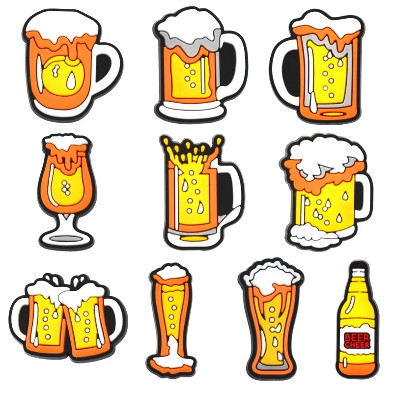 A set of fun PVC pins for decorating clogs, sandals, and shoes featuring various beer-themed designs.