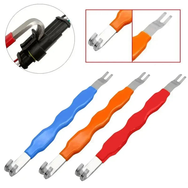 A set of automotive electrical connector removal tools in blue, orange, and red colors.