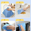Four images showing hands using blue microfiber cleaning cloths for various household tasks like cleaning a sink, wiping surf