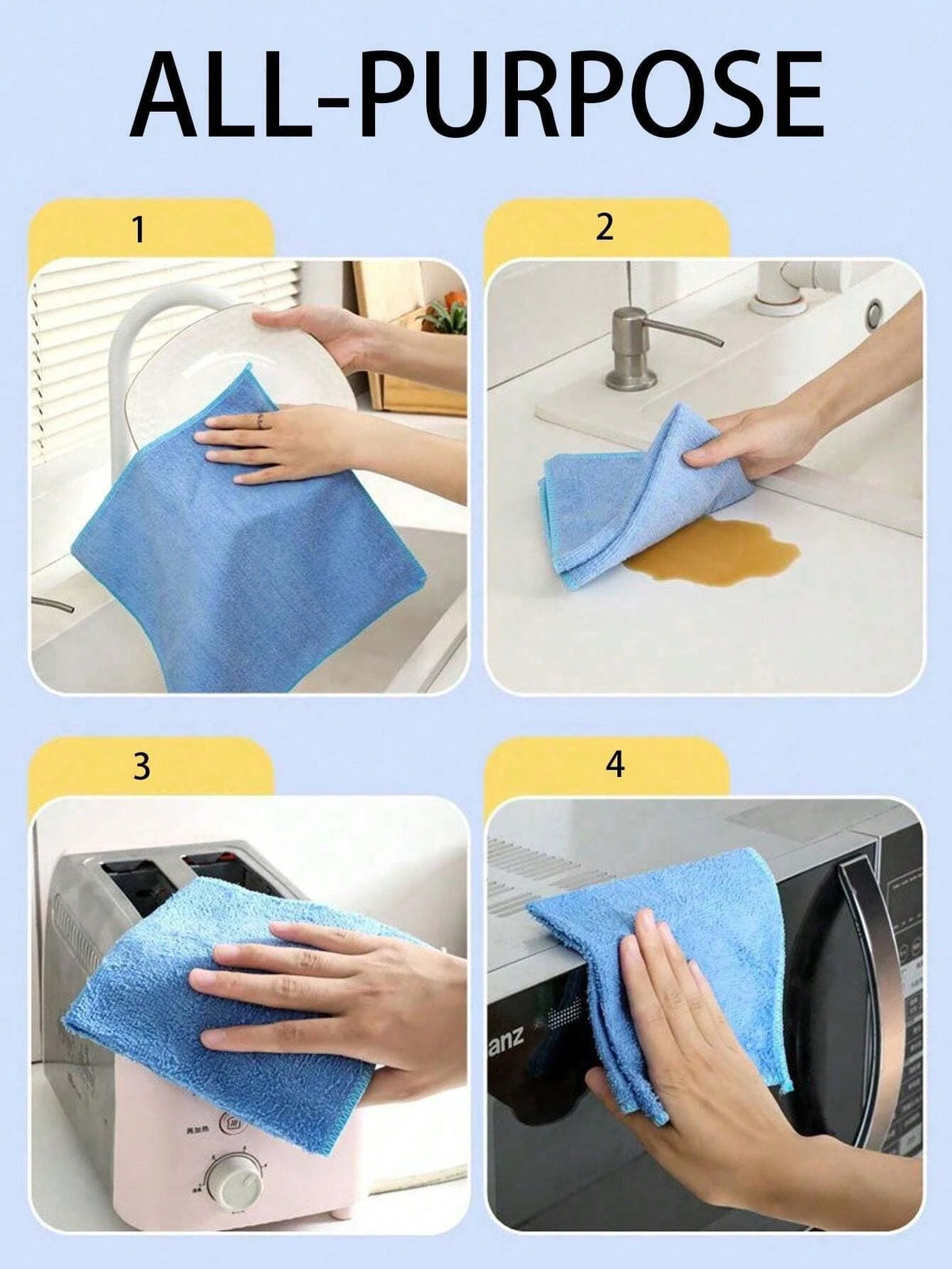 Four images showing hands using blue microfiber cleaning cloths for various household tasks like cleaning a sink, wiping surf