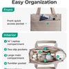 A beige tote bag showing multiple pockets including a front quick access pocket and interior compartments like laptop slots, 