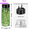 A jar of holographic chunky nail glitter mix with a black shaker top and a glass gasket seal.