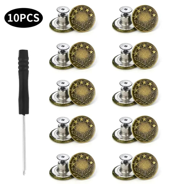 A set of 10 metal snap button replacements in gold and olive green finishes.