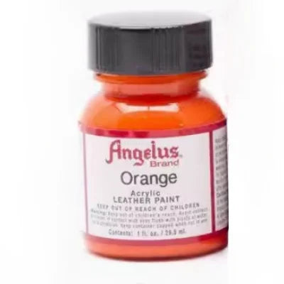 A small glass bottle of Angelus Brand Orange acrylic leather paint for DIY projects.