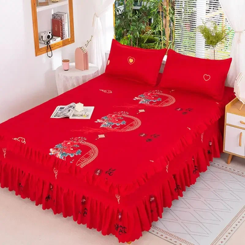 Elegant Elastic Fitted Bed Sheet Set with Lace Skirt and Pillowcases