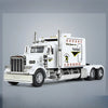 A white 1:24 scale diecast model of a Peterbilt 389 heavy truck with pull-back action, sound, and lights.