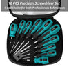 A black storage bag containing a 10-piece precision screwdriver set with teal and black handles.