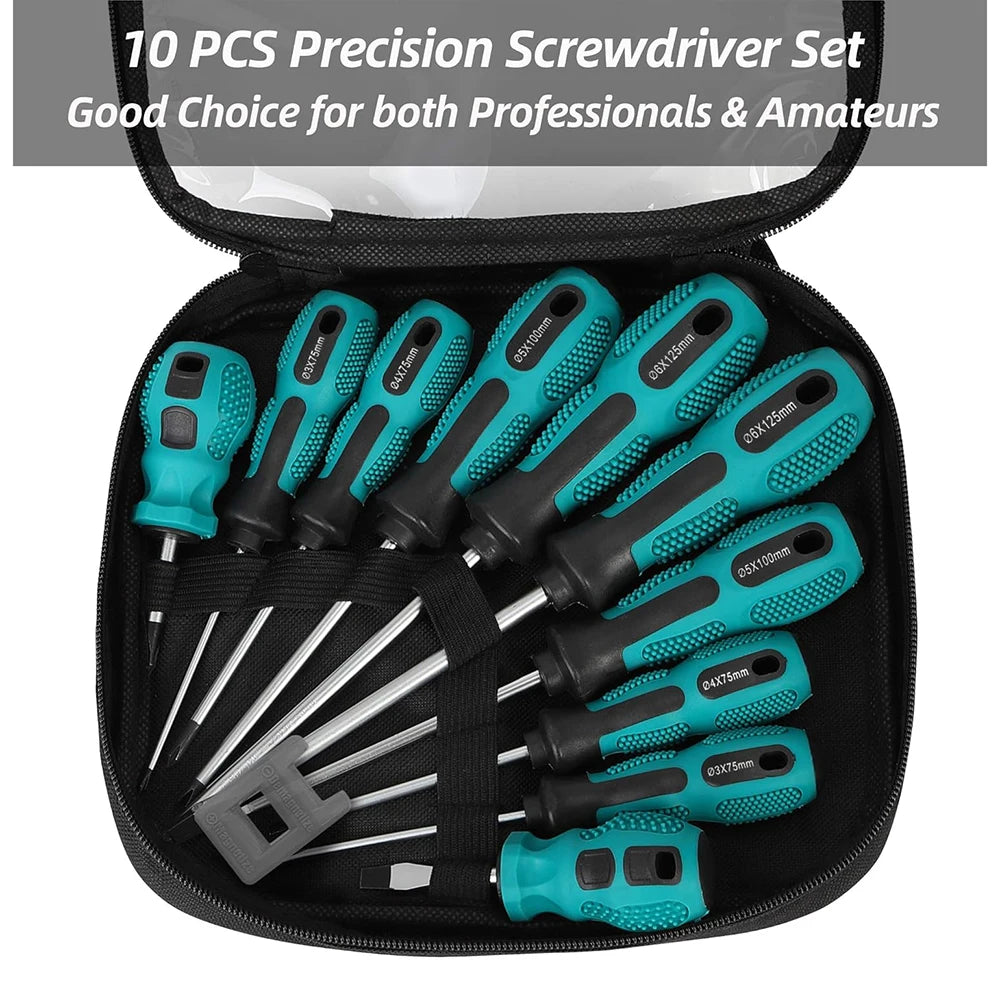 A black storage bag containing a 10-piece precision screwdriver set with teal and black handles.