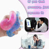 Eine Hand presst einen lila Stressball, mit zugehörigen Bildern der Verwendung zur Entspannung und Konzentration.