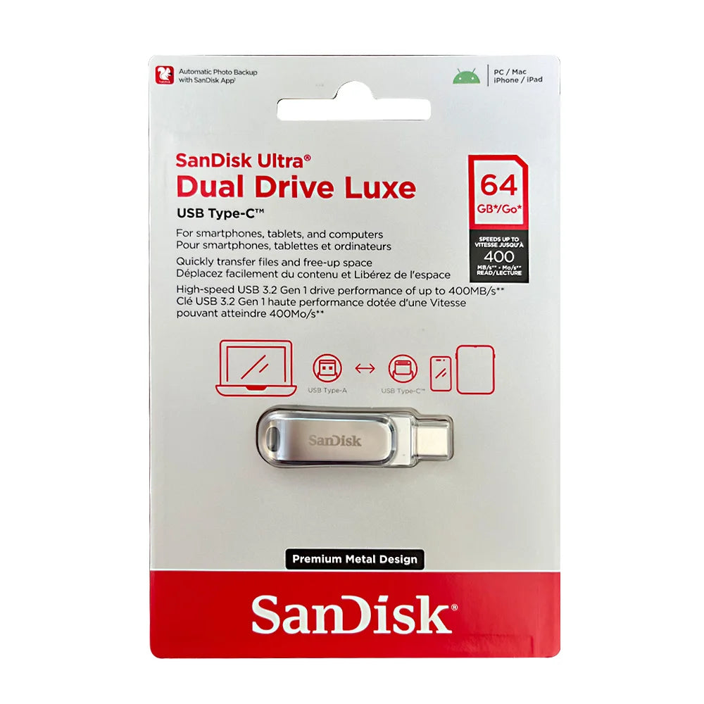SanDisk Ultra Dual Drive Luxe USB drive in a red and white packaging box.