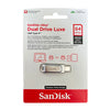SanDisk Ultra Dual Drive Luxe USB drive in a red and white packaging box.