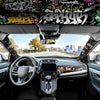 Interior view of a car with a graffiti pattern velvet wrap sticker on the dashboard and interior surfaces.