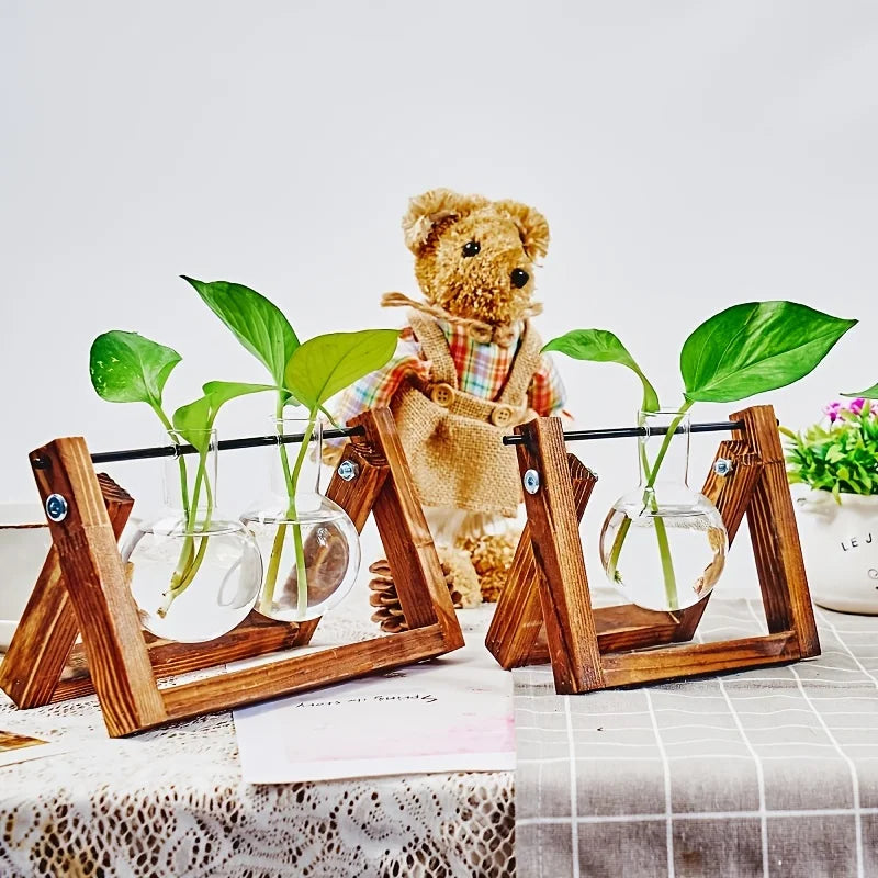 Tabletop Glass Planter Propagation Station with Wooden Rack