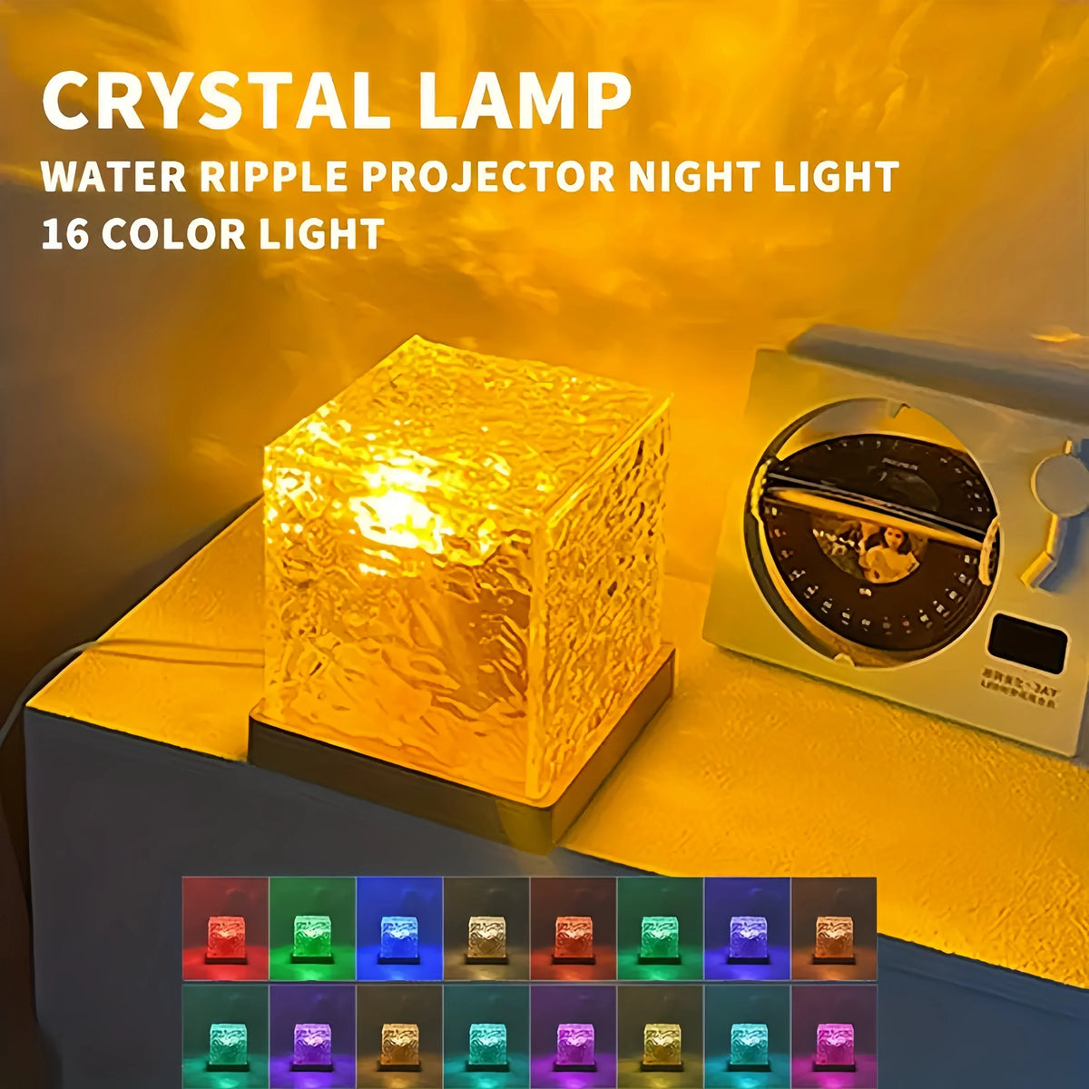 A crystal lamp projector night light displaying various 16 colors of light on a dark surface.