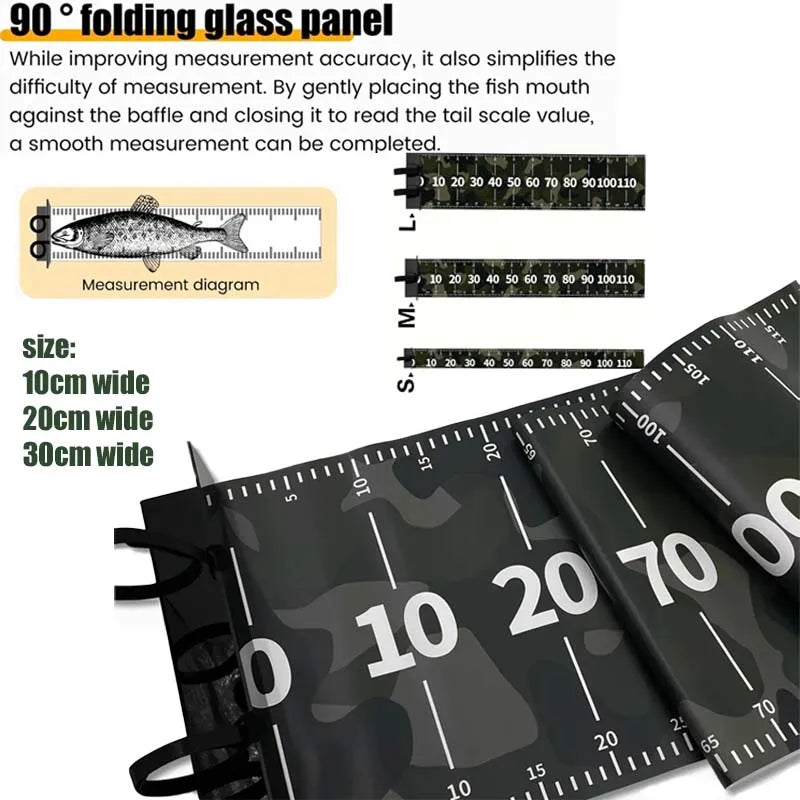 A close-up view of a folding glass panel and measurement diagram used for fish scale reading.