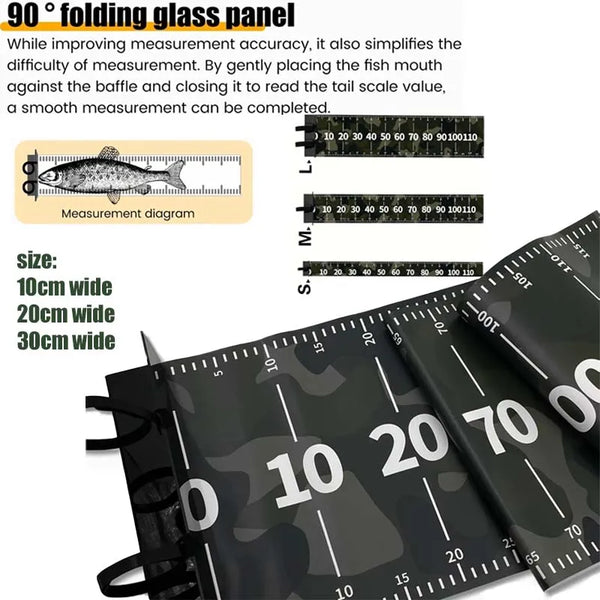 A close-up view of a folding glass panel and measurement diagram used for fish scale reading.