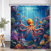 Ocean life shower curtain featuring colorful marine life like a sea turtle and various fish in a vibrant underwater scene