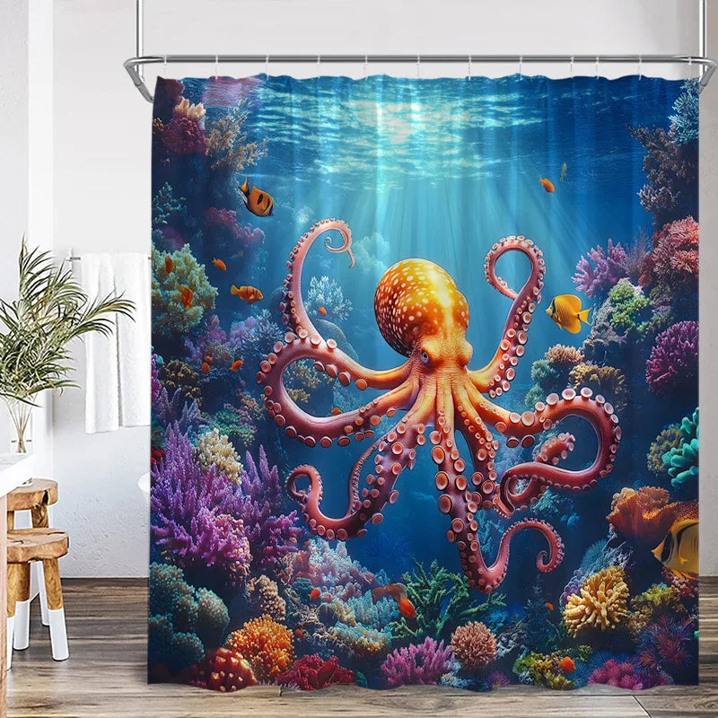 Ocean life shower curtain featuring colorful marine life like a sea turtle and various fish in a vibrant underwater scene