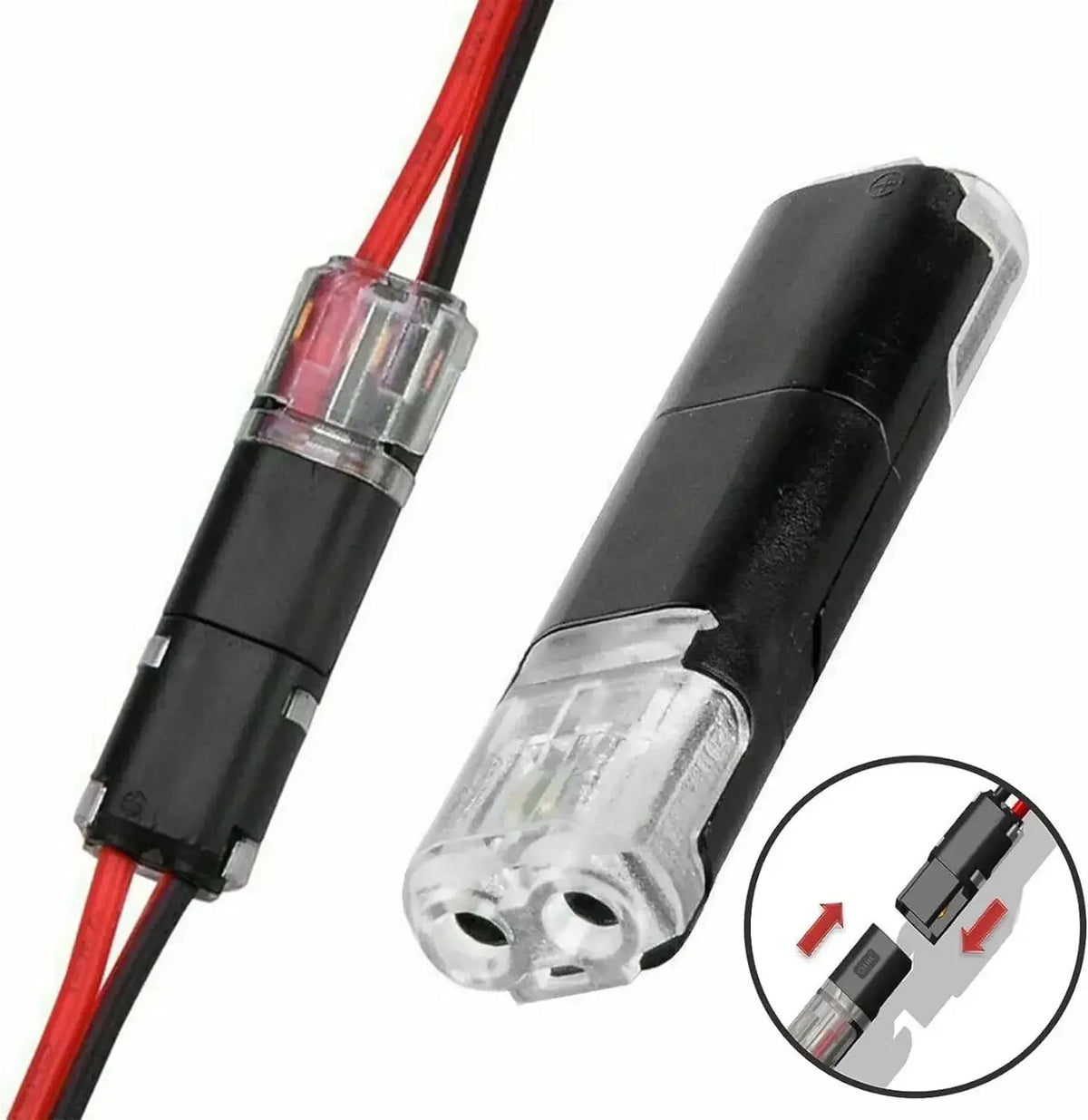 A black wire connector with a red cable is shown, used for LED and low-voltage applications.