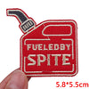 Red embroidered iron-on patch featuring the text FUELED BY SPITE on a white background
