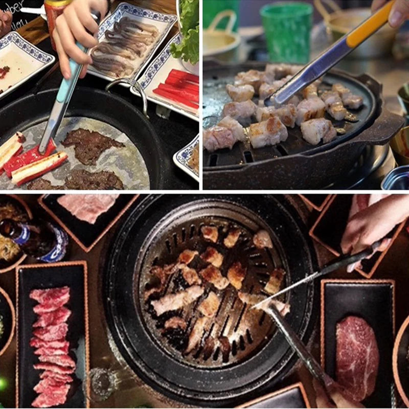 A hand uses stainless steel BBQ tongs to serve meat from a grill pan.