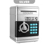 Silver electronic password piggy bank with a digital keypad and bill feeder mechanism