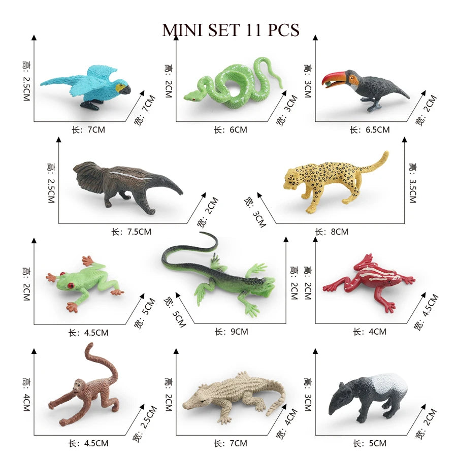 A collection of 11 mini realistic animal figurines including a blue bird, green snake, orange bird, elephant, leopard, lizard