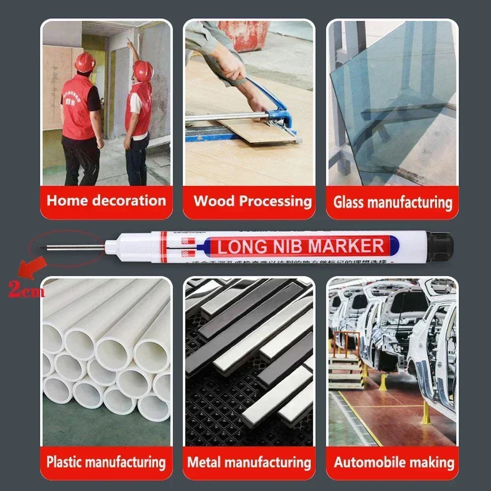 A set of long nib markers used for woodworking and construction, shown alongside examples of various manufacturing processes.