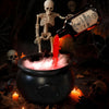 A dark cauldron emits a red potion effect with smoke, set against a spooky Halloween backdrop featuring skulls and cobwebs.