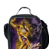A black backpack featuring a graphic of a basketball player in a yellow jersey and purple lighting.