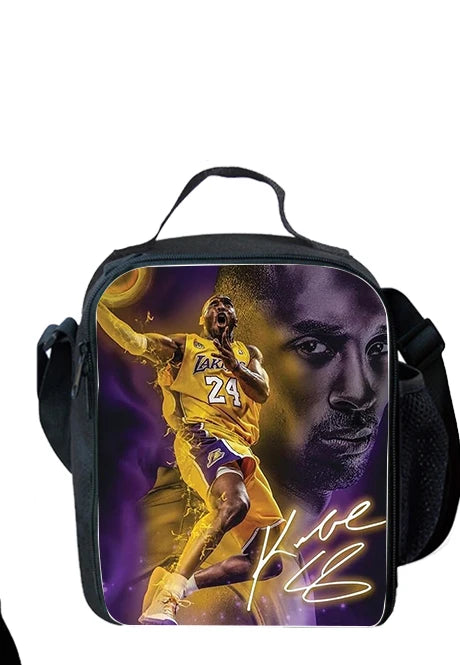 A black backpack featuring a graphic of a basketball player in a yellow jersey and purple lighting.