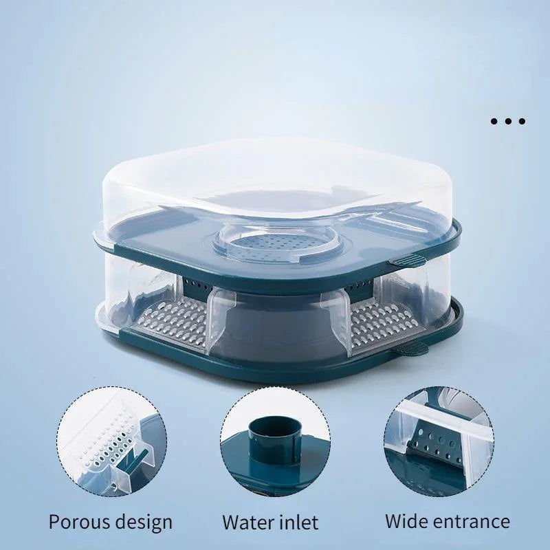A clear, reusable cockroach trap with a porous design, water inlet, and wide entrance.